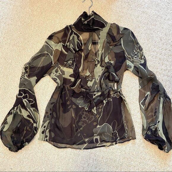 Escada Olive Multicolour 100% Silk Ruffle Blouse - EU 34 - Picture 9 of 16